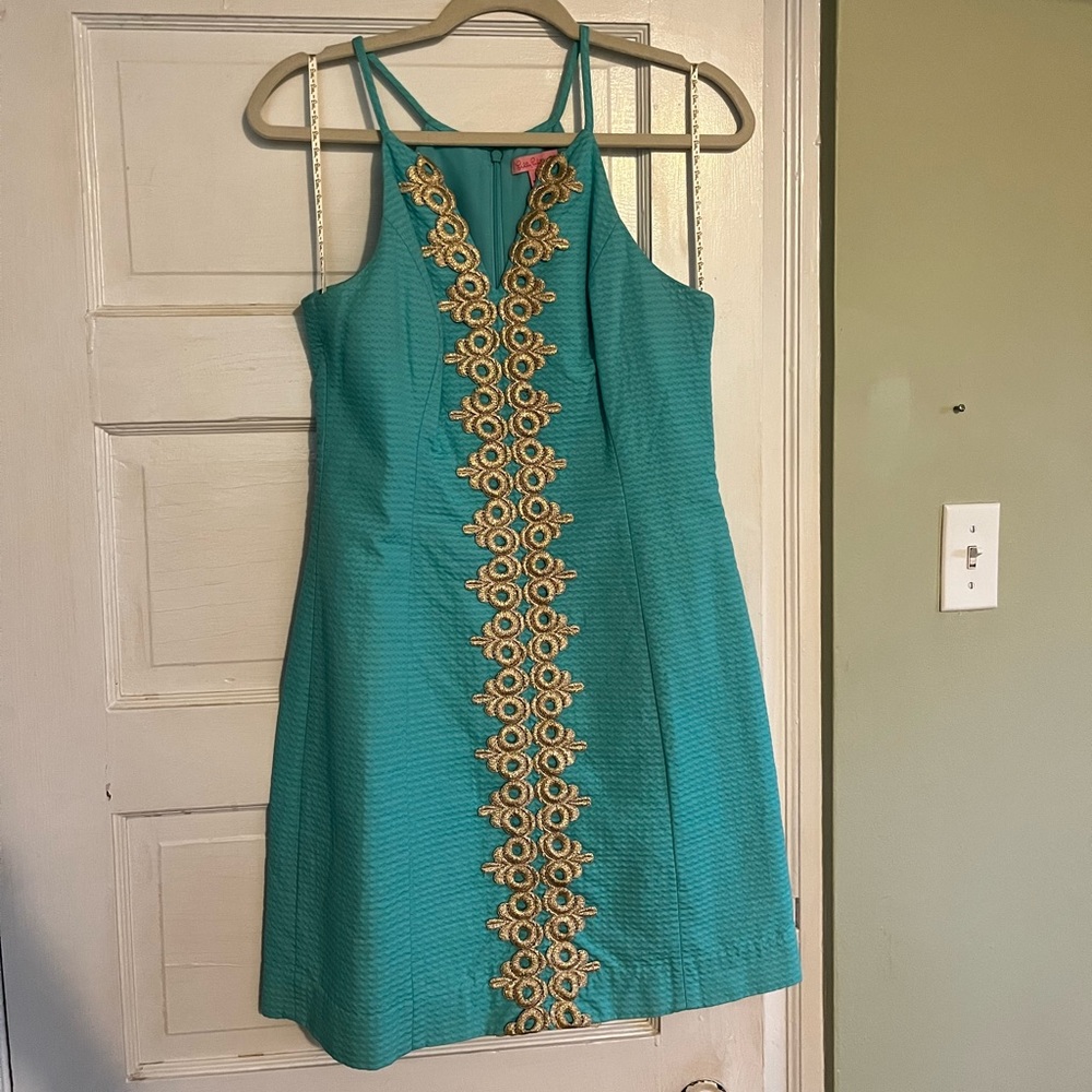 Lilly Pulitzer Teal Blue Shift Dress with Gold Detail